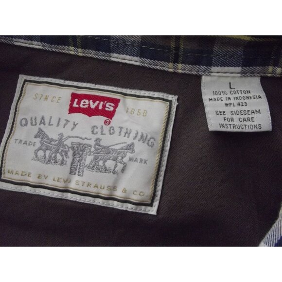 Levis Shirt Mens Size Large Plaid Button-Up Long Sleeve Brown Blue Yellow - Picture 4 of 11